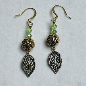 Rose Floral Skeleton Leaf Pierced Earrings Dangle Handmade Feminine Cottage